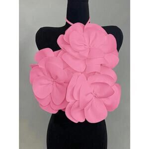 Flamingo Pink 3D Floral Halter Top – Oversized Sculpted Petal Bust Couture  XL